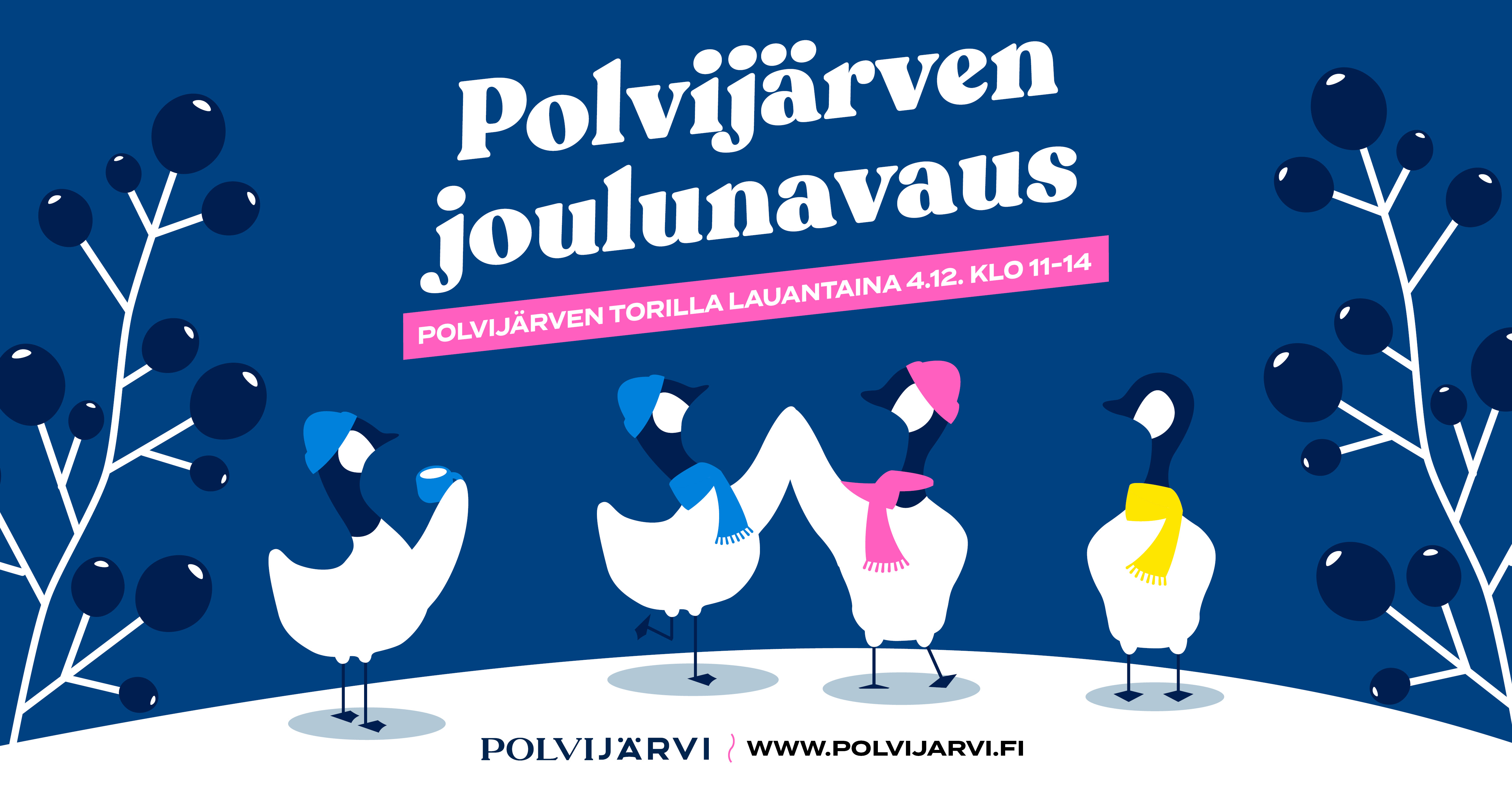 Kuvituskuva, jossa lukee Polvijärven joulunavaus Polvijärven torilla lauantaina 4.12. klo 11-14.